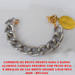 PULSEIRA NO BRUTO PRONTO PARA O BANHO ALUMINIO CADEADO PEQUENO COM FECHO BOIA  E MEDALHA DE SAO BENTO GRANDE 3,5CM PESO 45GR - BRU1442
