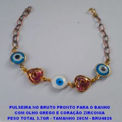 PULSEIRA NO BRUTO PRONTO PARA O BANHO COM OLHO GREGO E CORAÇÃO ZIRCONIA PESO TOTAL 3.7GR - TAMANHO 20CM - BRU4826