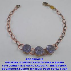 PULSEIRA NO BRUTO PRONTO PARA O BANHO COM CORRENTE E FECHO LAGOSTA - TREIS PEDRA  DE ZIRCONIA FUSION 10X10MM -PESO TOTAL 6,3GR BRU4728