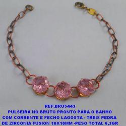 PULSEIRA NO BRUTO PRONTO PARA O BANHO COM CORRENTE E FECHO LAGOSTA - TREIS PEDRA  DE ZIRCONIA FUSION 10X10MM -PESO TOTAL 6,3GR BRU5443
