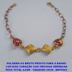PULSEIRA NO BRUTO PRONTO PARA O BANHO COM DOIS CORAÇÃO COM ZIRCONIA VERMELHA PESO TOTAL 4.0GR - TAMANHO 20CM - BRU5503