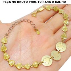 PULSEIRA NO BRUTO PRONTO PARA O BANHO JÁ NO COBRE EM FORMA DE CORAÇÃO TAMANHO APROXIMADO:1,8,5CM+EXTENSOR 5GR REF:BRU1236