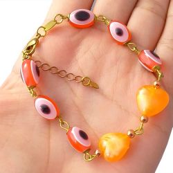 Pulseira No Bruto Pronto Para Banho Olho Grego e Corações Em Resina Peso: 7 gramas REF: BRU692