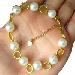 Pulseira No Bruto Pronto Para Banho Com Perolas e Argolas 10mm Tamanho Aproximado: 20,0cm Extensor: 6,0cm Peso: 9,0 gramas REF: BRU229A