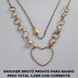 SHOCKER BRUTO PRONTO PARA BANHO PESO TOTAL 5,5GR COM CORRENTE IMPORTADA - FECHO LAGOSTA - BOLAS DE  8MM PEROLAS DE 8MML  - ARGOLINHAS DE 10MM CORAÇÃO VASADO DE 25MM BRU0034