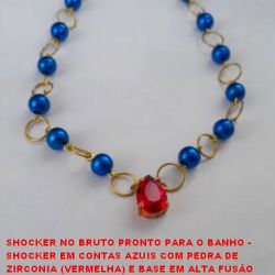 SHOCKER NO BRUTO PRONTO PARA O BANHO -  SHOC. EM CONTAS AZUIS COM PEDRA DE ZIRCONIA (VERMELHA) E BASE EM ALTA FUSÂO 10x14 + EXT.  E FECHO LAG. - LARG. DAS CONT. 7MM - TAM. 35,4CM  - PESO 9,5GR - BRU0073