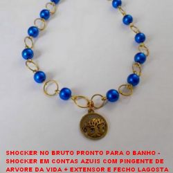 SHOCKER NO BRUTO PRONTO PARA O BANHO -  SHOCKER EM CONTAS AZUIS COM PINGENTE DE ARVORE DA VIDA + EXTENSOR E FECHO LAGOSTA  - LARG. DAS CONT. 7MM - TAMANHO 33,5CM -  PESO 8,7GR - BRU1545