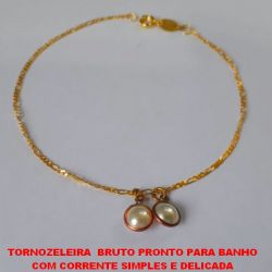 TORNOZELEIRA  BRUTO PRONTO PARA BANHO COM CORRENTE SIMPLES E DELICADA COM DUAS PEROLAS REVESTIDAS DE 8MM - PESO TOTAL 1,8GR -  BRU1319