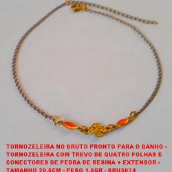 TORNOZELEIRA NO BRUTO PRONTO PARA O BANHO -  TORNOZELEIRA COM TREVO DE QUATRO FOLHAS E  CONECTORES DE PEDRA DE RESINA + EXTENSOR -  TAMANHO 29,5CM - PESO 1,6GR - BRU3074