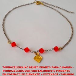 TORNOZELEIRA NO BRUTO PRONTO PARA O BANHO -  TORNOZELEIRA COM CRISTAIZINHOS E PINGENTE  EM FORMATO DE DIAMANTE + EXTENSOR - TAMANHO  29,0CM - PESO 1,2GR - BRU3093