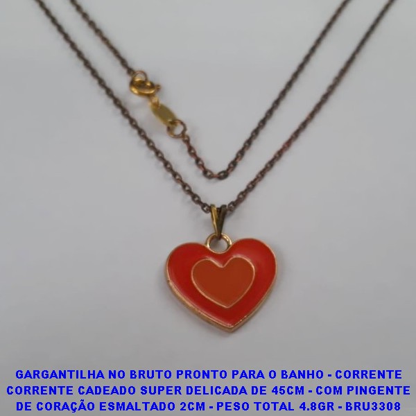 GARGANTILHA NO BRUTO PRONTO PARA O BANHO - CORRENTE CORRENTE CADEADO SUPER DELICADA DE 45CM - COM PINGENTE DE CORAÇÃO ESMALTADO 2CM - PESO TOTAL 4.8GR - BRU3308