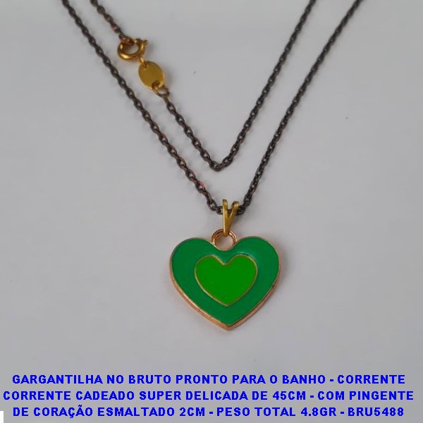 GARGANTILHA NO BRUTO PRONTO PARA O BANHO - CORRENTE CORRENTE CADEADO SUPER DELICADA DE 45CM - COM PINGENTE DE CORAÇÃO ESMALTADO 2CM - PESO TOTAL 4.8GR - BRU5488