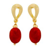 Brinco Folheado 18k com Pedra Natural Coral, Tamanho Aprox: 3,5cm x 1,0cm  REF: 0001050