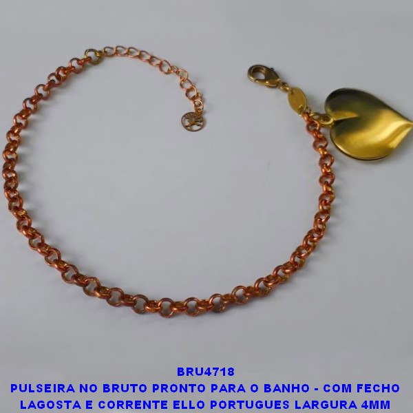 PULSEIRA NO BRUTO PRONTO PARA O BANHO - COM FECHO LAGOSTA E CORRENTE ELLO PORTUGUES LARGURA 4MM (394)CORAÇAO DUPLO 24X22MM - TAMANHO 18CM+EXTENSOR PESO TOTAL 7GR - BRU4718