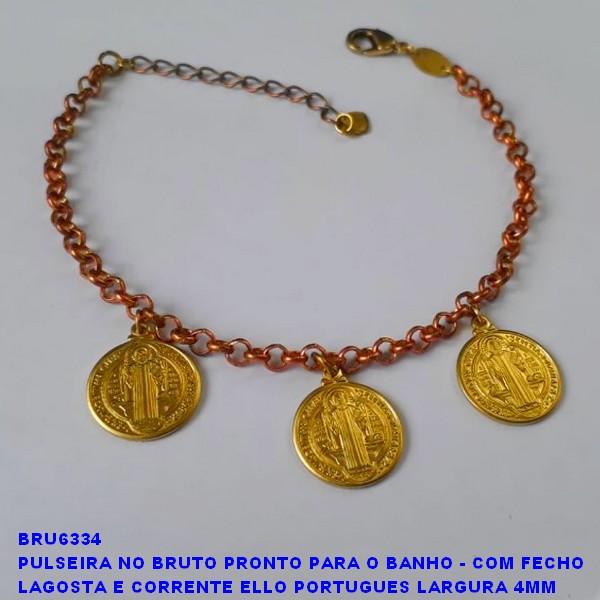 PULSEIRA NO BRUTO PRONTO PARA O BANHO - COM FECHO LAGOSTA E CORRENTE ELLO PORTUGUES LARGURA 4MM (1863)SAO BENTO 15MM EM PE - TAMANHO 18CM+EXTENSOR PESO TOTAL 9.1GR - BRU6334