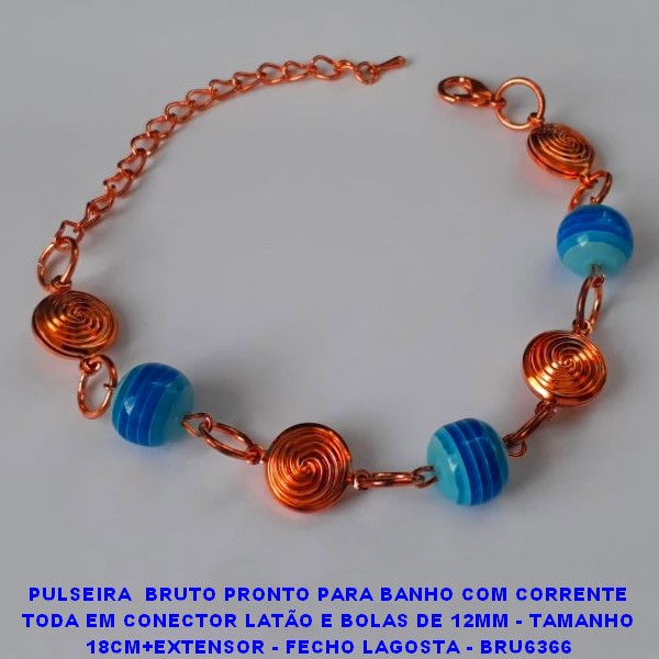 PULSEIRA  BRUTO PRONTO PARA BANHO -PESO TOTRAL 12.9GR -COM CORRENTE TODA EM CONECTOR LATÃO E BOLAS DE 12MM - TAMANHO 18CM+EXTENSOR - FECHO LAGOSTA - BRU6366 ***
