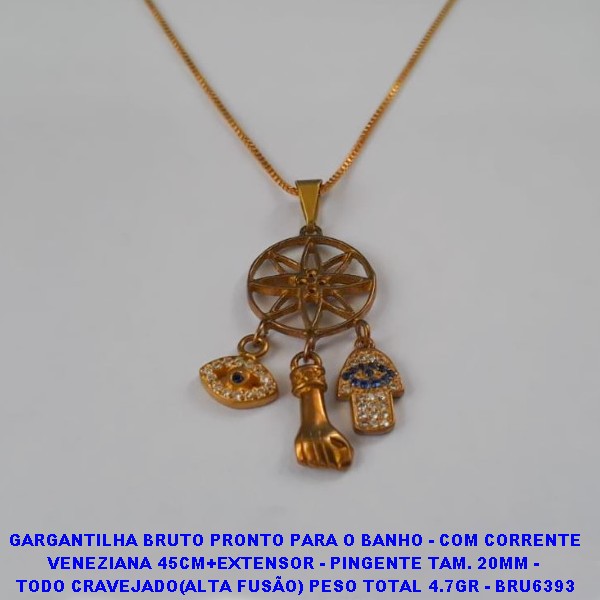 GARGANTILHA BRUTO PRONTO PARA O BANHO - COM CORRENTE VENEZIANA 45CM+EXTENSOR - PINGENTE TAM. 20MM -  TODO CRAVEJADO(ALTA FUSÃO) PESO TOTAL 4.7GR - BRU6393