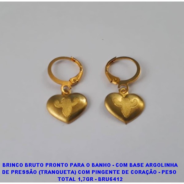 BRINCO BRUTO PRONTO PARA O BANHO - COM BASE ARGOLINHA DE PRESSÃO (TRANQUETA) COM PINGENTE DE CORAÇÃO - PESO  TOTAL 1,7GR - BRU6412