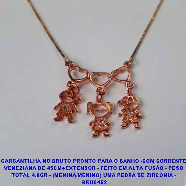GARGANTILHA NO BRUTO PRONTO PARA O BANHO -COM CORRENTE VENEZIANA DE 45CM+EXTENSOR - FEITO EM ALTA FUSÃO - PESO TOTAL 4.8GR - (MENINA/MENINO) UMA PEDRA DE ZIRCONIA -  BRU6452