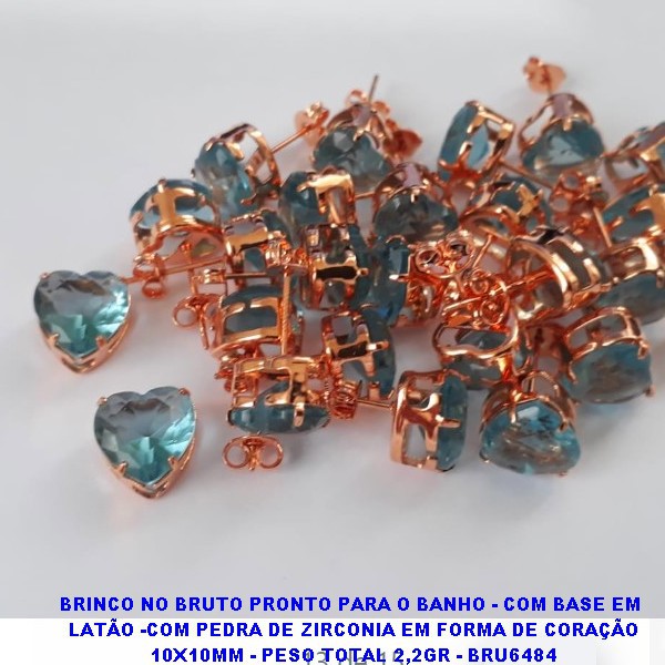 BRINCO NO BRUTO PRONTO PARA O BANHO - COM BASE EM  LATÃO -COM PEDRA DE ZIRCONIA EM FORMA DE CORAÇÃO 10X10MM - PESO TOTAL 2,2GR - BRU6484