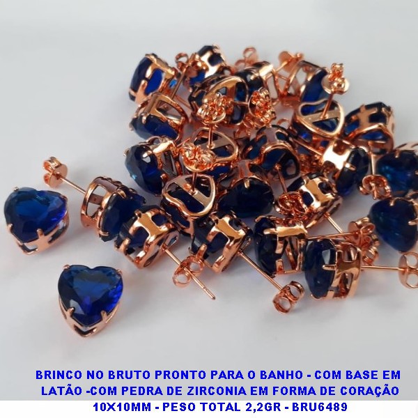 BRINCO NO BRUTO PRONTO PARA O BANHO - COM BASE EM  LATÃO -COM PEDRA DE ZIRCONIA EM FORMA DE CORAÇÃO 10X10MM - PESO TOTAL 2,2GR - BRU6489