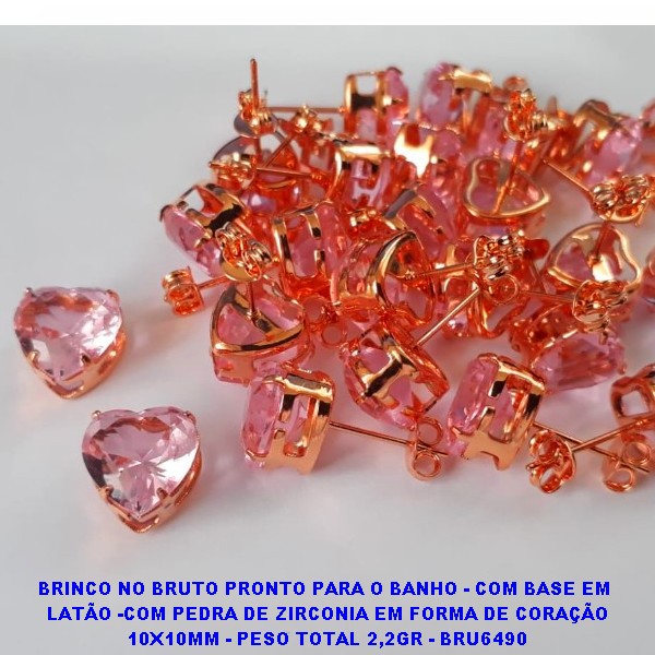 BRINCO NO BRUTO PRONTO PARA O BANHO - COM BASE EM  LATÃO -COM PEDRA DE ZIRCONIA EM FORMA DE CORAÇÃO 10X10MM - PESO TOTAL 2,2GR - BRU6490