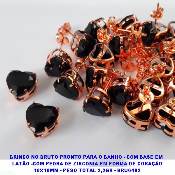 BRINCO NO BRUTO PRONTO PARA O BANHO - COM BASE EM  LATÃO -COM PEDRA DE ZIRCONIA EM FORMA DE CORAÇÃO 10X10MM - PESO TOTAL 2,2GR - BRU6492