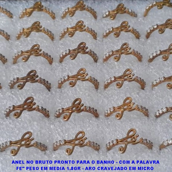 ANEL NO BRUTO PRONTO PARA O BANHO - COM A PALAVRA FE" PESO EM MEDIA 1.8GR - ARO CRAVEJADO EM MICRO  ZIRCONIAS CRISTAL - ANEL00026