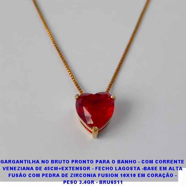 GARGANTILHA NO BRUTO PRONTO PARA O BANHO - COM CORRENTE  VENEZIANA DE 45CM+EXTENSOR - FECHO LAGOSTA -BASE EM ALTA  FUSÃO COM PEDRA DE ZIRCONIA FUSION 10X10 EM CORAÇÃO -  PESO 3.4GR - BRU6511