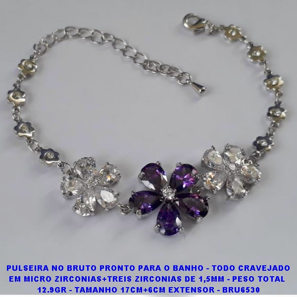 PULSEIRA NO BRUTO PRONTO PARA O BANHO - TODO CRAVEJADO EM MICRO ZIRCONIAS+TREIS ZIRCONIAS DE 1,5MM - PESO TOTAL  12.9GR - TAMANHO 17CM+6CM EXTENSOR - BRU6530