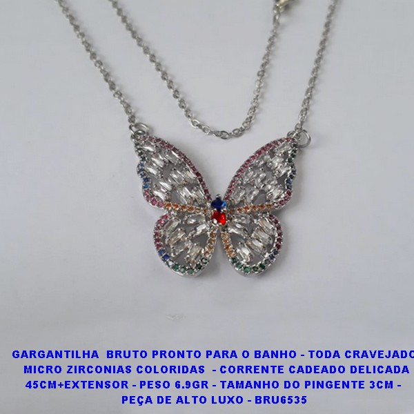 GARGANTILHA NO BRUTO PRONTO PARA O BANHO - TODA CRAVEJADO EM MICRO ZIRCONIAS COLORIDAS  - COM CORRENTE CADEADO DELICADA DE 45CM+EXTENSOR - PESO 6.9GR - TAMANHO DO PINGENTE 3CM -  PEÇA DE ALTO LUXO - BRU6535