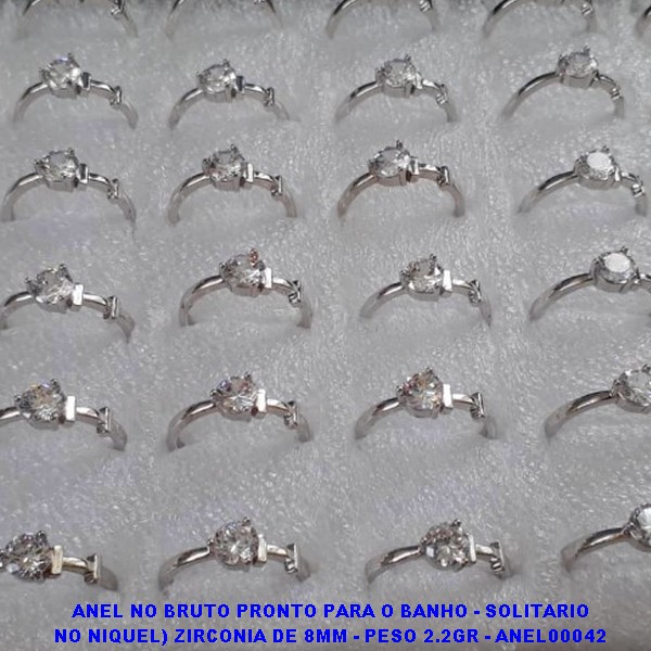 ANEL NO BRUTO PRONTO PARA O BANHO - SOLITARIO NO NIQUEL) ZIRCONIA DE 8MM - PESO 2.2GR - ANEL00042