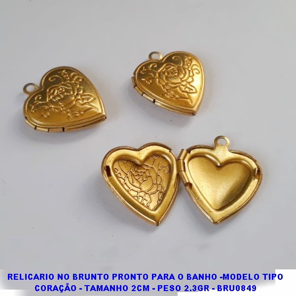 RELICARIO NO BRUNTO PRONTO PARA O BANHO -MODELO TIPO CORAÇÃO - TAMANHO 2CM - PESO 2.3GR - BRU0849