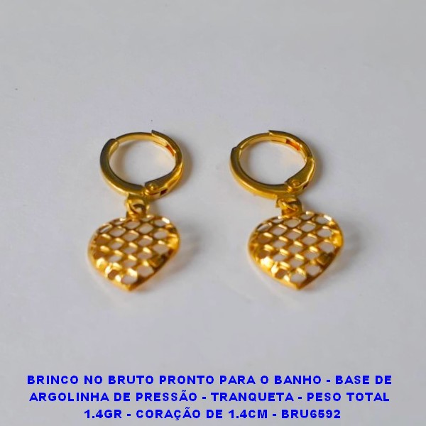 BRINCO NO BRUTO PRONTO PARA O BANHO - BASE DE  ARGOLINHA DE PRESSÃO - TRANQUETA - PESO TOTAL  1.4GR - CORAÇÃO DE 1.4CM - BRU6592