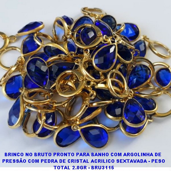 BRINCO NO BRUTO PRONTO PARA BANHO COM ARGOLINHA DE  PRESSÃO COM PEDRA DE CRISTAL ACRILICO SEXTAVADA - PESO TOTAL 2.0GR - BRU3116