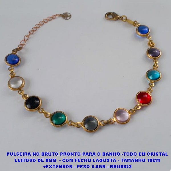PULSEIRA NO BRUTO PRONTO PARA O BANHO -TODO EM CRISTAL LEITOSO DE 8MM  - COM FECHO LAGOSTA - TAMANHO 18CM +EXTENSOR - PESO 5.9GR - BRU6628