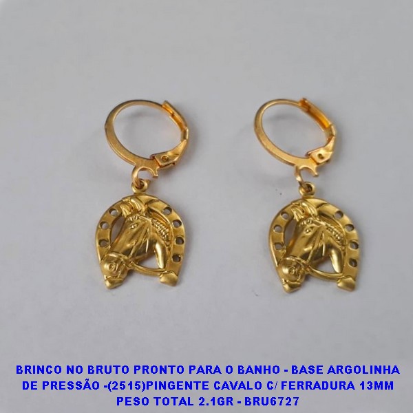 BRINCO NO BRUTO PRONTO PARA O BANHO - BASE ARGOLINHA DE PRESSÃO -(2515)PINGENTE CAVALO C/ FERRADURA 13MM PESO TOTAL 2.1GR - BRU6727