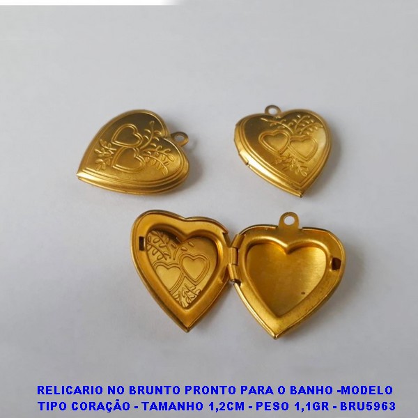 RELICARIO NO BRUNTO PRONTO PARA O BANHO -MODELO TIPO CORAÇÃO (PEQUENO) - TAMANHO 1,2CM - PESO 1,1GR - BRU5963
