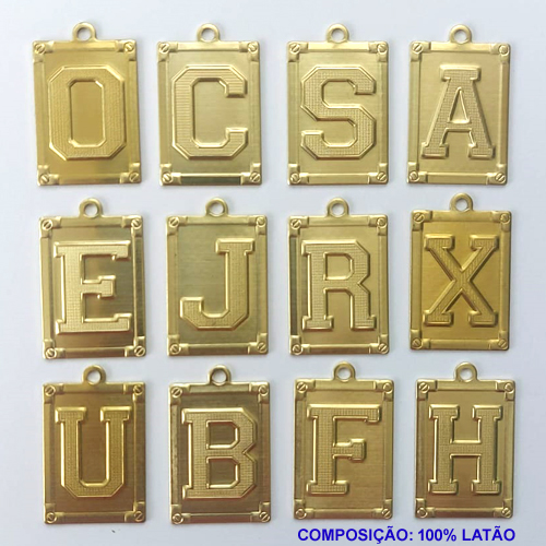 PINGENTE NO BRUTO PRONTO PARA O BANHO - PINGENTE LETRAS (878) PESO 3.6GR COM CONTRA ARGOLA RETÂNGULO LETRAS  20X28MM COMPOSIÇÃO: 100% LATÃO BRU2854