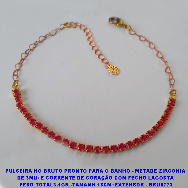 PULSEIRA NO BRUTO PRONTO PARA O BANHO - METADE ZIRCONIA  DE 3MM/ E CORRENTE DE CORAÇÃO COM FECHO LAGOSTA  PESO TOTAL3.1GR -TAMANH 18CM+EXTENSOR - BRU6773