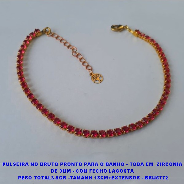 PULSEIRA NO BRUTO PRONTO PARA O BANHO - TODA EM  ZIRCONIA  DE 3MM - COM FECHO LAGOSTA  PESO TOTAL3.9GR -TAMANH 18CM+EXTENSOR - BRU6772