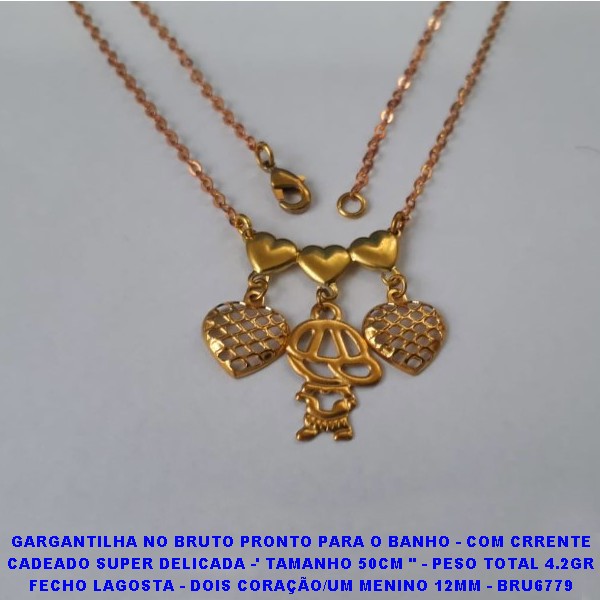 GARGANTILHA NO BRUTO PRONTO PARA O BANHO - COM CRRENTE CADEADO SUPER DELICADA -' TAMANHO 50CM " - PESO TOTAL 4.2GR FECHO LAGOSTA - DOIS CORAÇÃO/UM MENINO 12MM - BRU6779