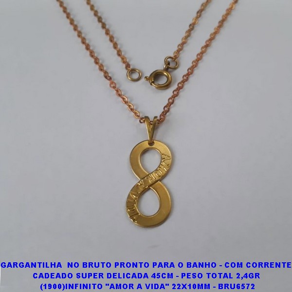 GARGANTILHA  NO BRUTO PRONTO PARA O BANHO - COM CORRENTE CADEADO SUPER DELICADA 45CM - PESO TOTAL 2,4GR  (1900)INFINITO "AMOR A VIDA" 22X10MM - BRU6572