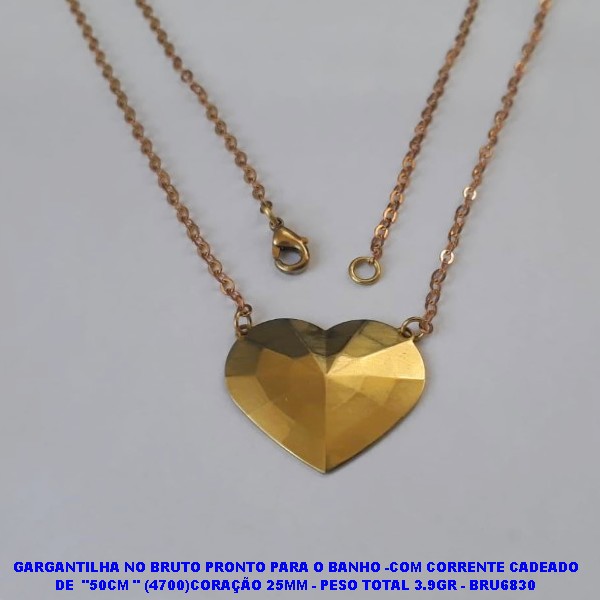 GARGANTILHA NO BRUTO PRONTO PARA O BANHO -COM CORRENTE CADEADO DE  "50CM " (4700)CORAÇÃO 25MM - PESO TOTAL 3.9GR - BRU6830