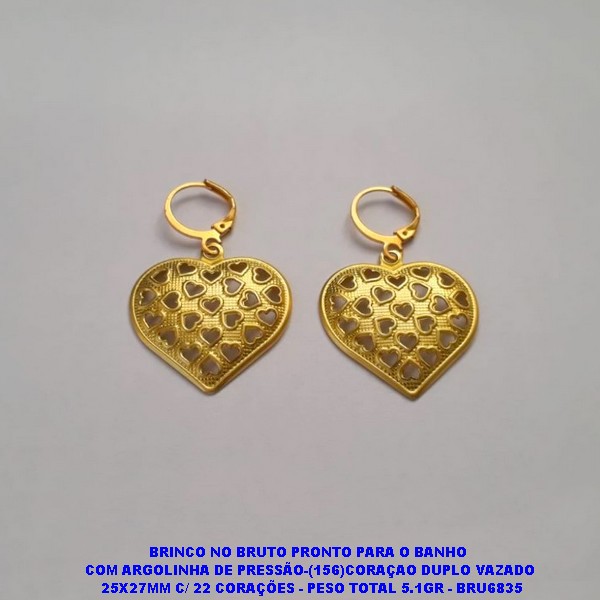 BRINCO NO BRUTO PRONTO PARA O BANHO   COM ARGOLINHA DE PRESSÃO-(156)CORAÇAO DUPLO VAZADO  25X27MM C/ 22 CORAÇÕES - PESO TOTAL 5.1GR - BRU6835