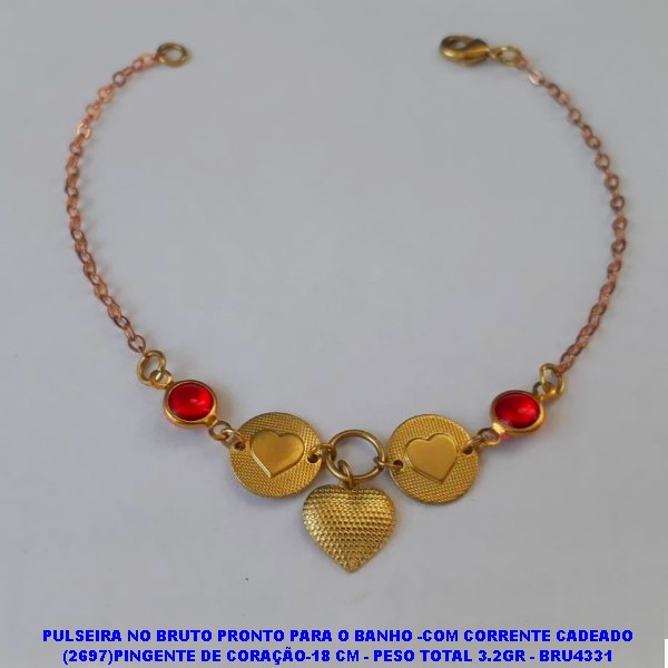 PULSEIRA NO BRUTO PRONTO PARA O BANHO -COM CORRENTE CADEADO (2697)PINGENTE DE CORAÇÃO 18 CM - PESO TOTAL 3.2GR - BRU4331
