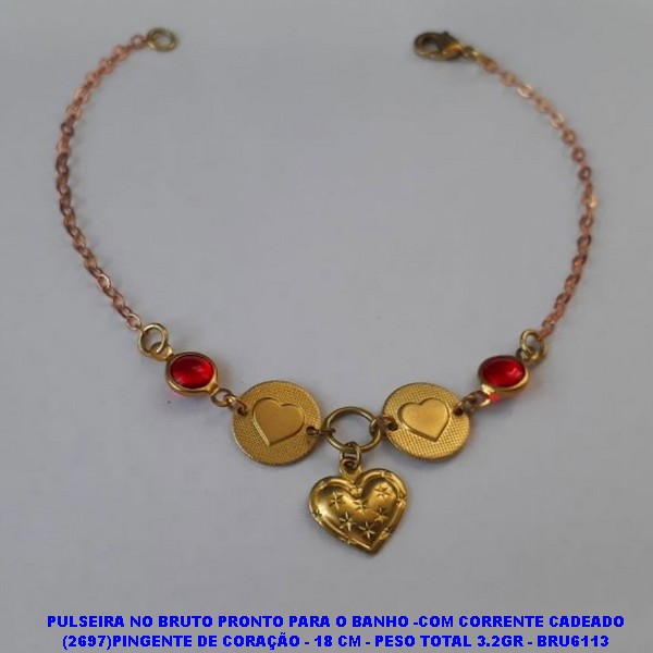 PULSEIRA NO BRUTO PRONTO PARA O BANHO -COM CORRENTE CADEADO (2697)PINGENTE DE CORAÇÃO - 18 CM - PESO TOTAL 3.2GR - BRU6113