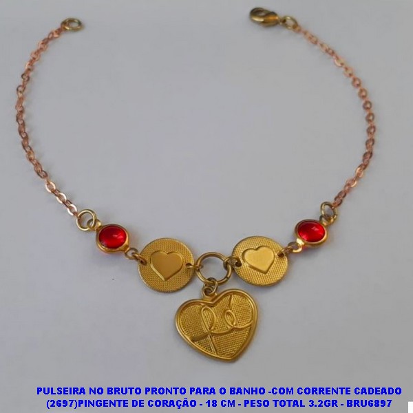PULSEIRA NO BRUTO PRONTO PARA O BANHO -COM CORRENTE CADEADO (2697)PINGENTE DE CORAÇÃO - 18 CM - PESO TOTAL 3.2GR - BRU6897