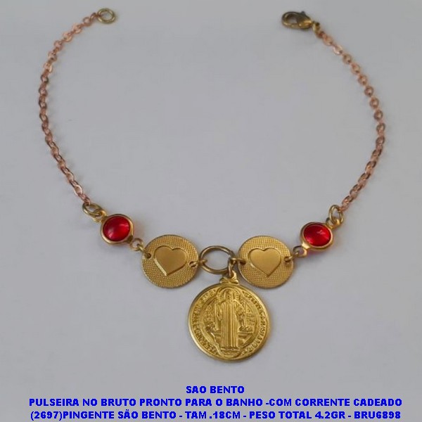 PULSEIRA NO BRUTO PRONTO PARA O BANHO -COM CORRENTE CADEADO (2697)PINGENTE SÃO BENTO - TAM .18CM - PESO TOTAL 4.2GR - BRU6898