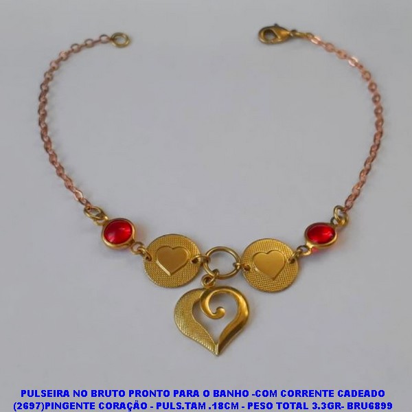 PULSEIRA NO BRUTO PRONTO PARA O BANHO -COM CORRENTE CADEADO (2697)PINGENTE CORAÇÃO - PULS.TAM .18CM - PESO TOTAL 3.3GR- BRU6899
